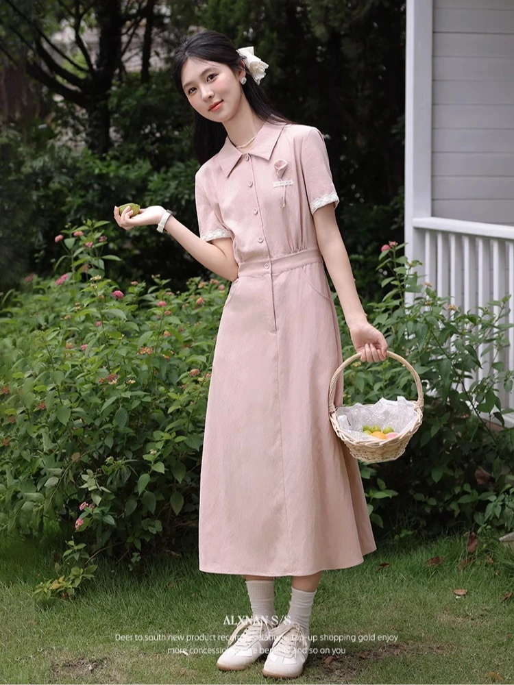 

ALXNAN Women's Pink Dress Long Lapel Elegant A-line Office Lady Shirt Dress 2025 Summer Casual Short Sleeve Clothing New L56107