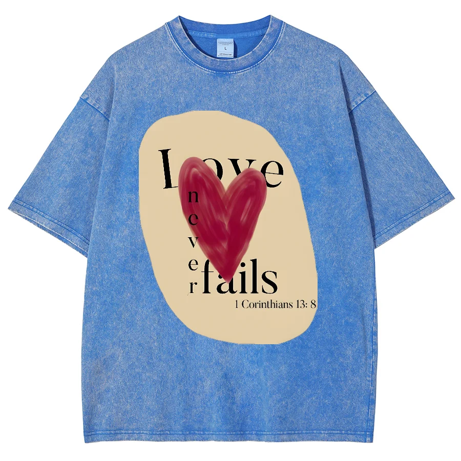 Love Never Fail Y2K Washed Short Sleeve T-Shirt, Cartoon Creative Printed Unisex Vintage Streetwear New Fashion Casual Plus-Size