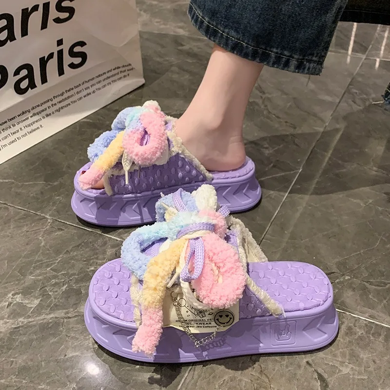 Kawaii 5.5CM Summer Women Weave Slippers Platform Shoes Mules Flip Flops Candy Color Sandals Flat Casual Soft Cute Outdoor Shoes