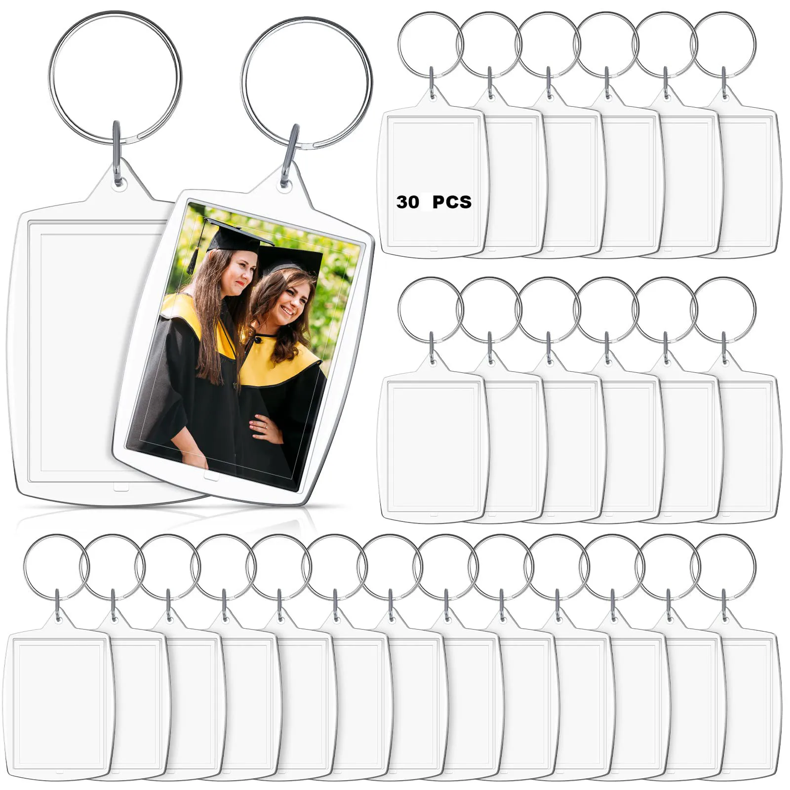 30Pcs Rectangle Acrylic Keychain Blanks Photo Keychain Clear Acrylic Picture Frame Keyrings