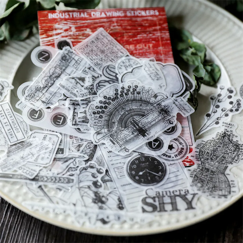 Mechanical Drawing TN. Paper Stickers Kits Die Cut For DIY Scrapbooking Retro Style Junk Journal Album Sticker Card Making