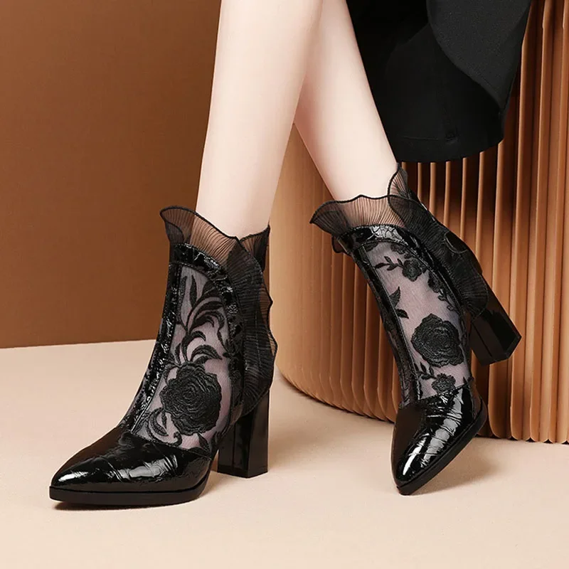 High Heels Women Sexy Embroidered Floral Mesh Thin Boots Elegant Dress Shoes Lady Heels Pointed Toe Square Heel Zip Ankle Boots view 3