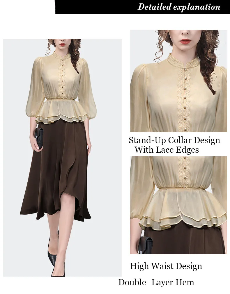 Fashion Women\' Spring Summer Lantern Sleeve Elastic Waist Beige Chiffon Blouse Elegant Casual Female Shirt Cinched Waist Top