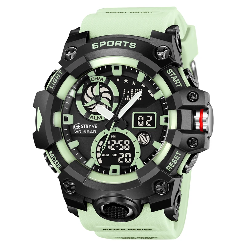 STRYVE Top Brand Electronic Watch For Men Outdoor Sports Waterproof Dual Time Display Quartz Wristwatches Rubber reloj hombre