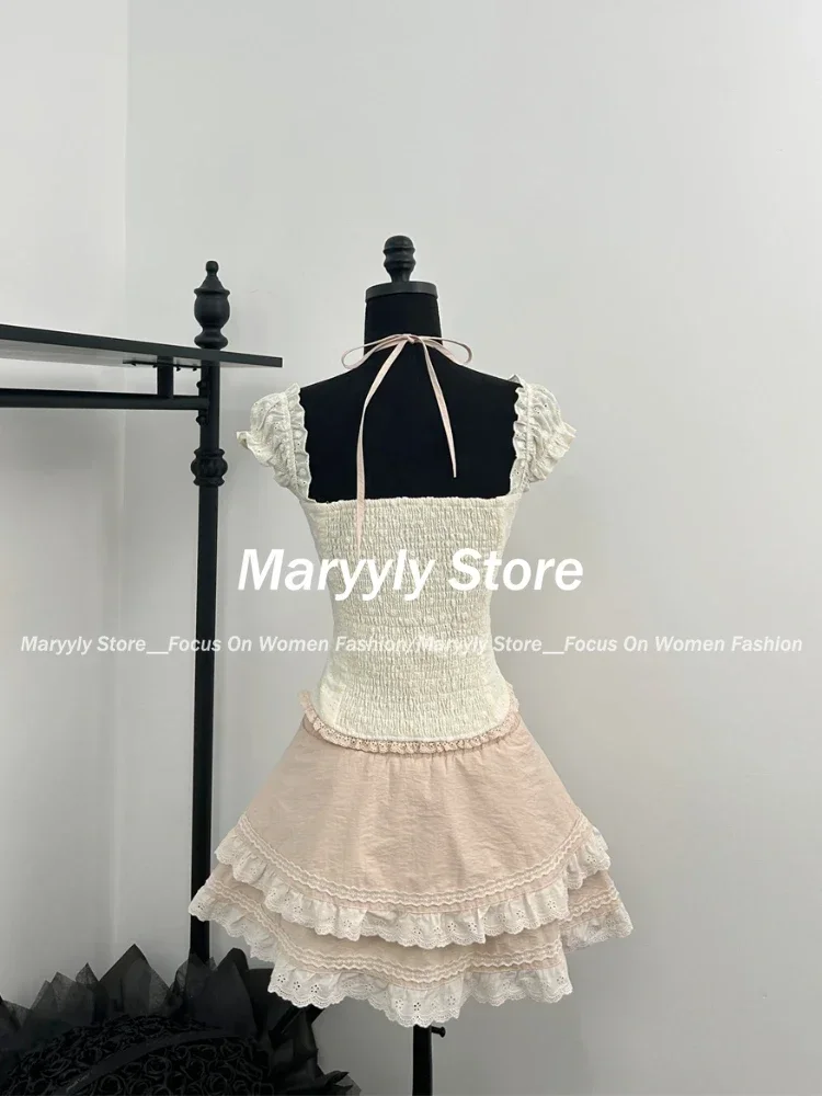 Summer Japanese Sweet Elegant Skirt Suit Women Kawaii Y2k Lace Bow Short Tops Cute High Waist Mini Cake Skirt New 2 Piece Set