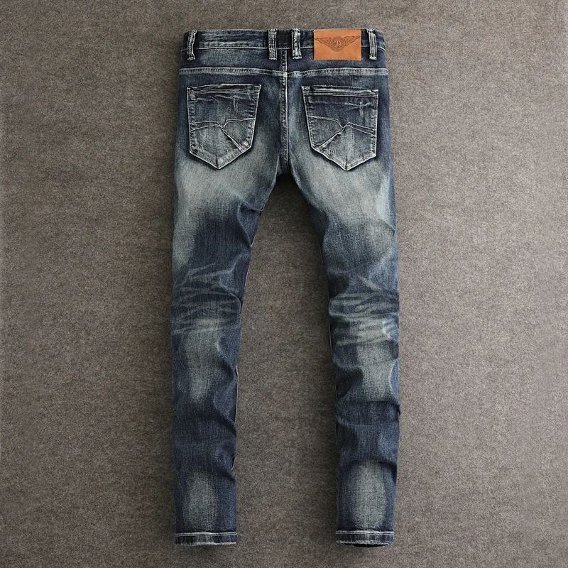 Fashion Vintage Men Jeans High Quality Retro Washed Blue Stretch Slim Fit Ripped Jeans Men Trendy Designer Denim Pants Hombre
