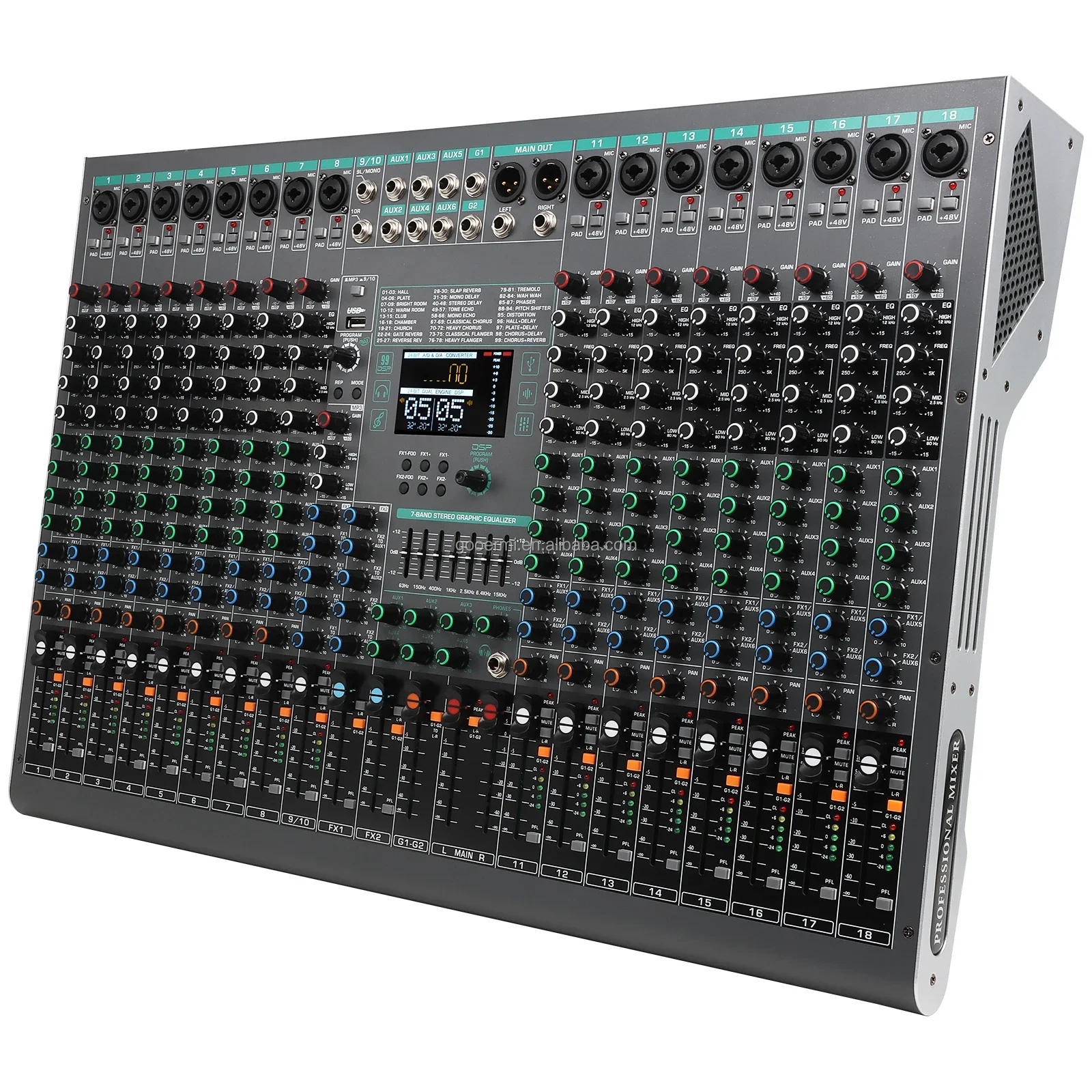 Professional Audio Mixer 18 Channel Mixing Console with 99 DSP Effects BT MP3 USB 48V Phantom Power for Stage Studio