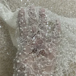 High Quliaty Heavy beads with pearls French Chantilly Embroidery Lace Fabric Wedding Dress Fabic Material 1 Yard