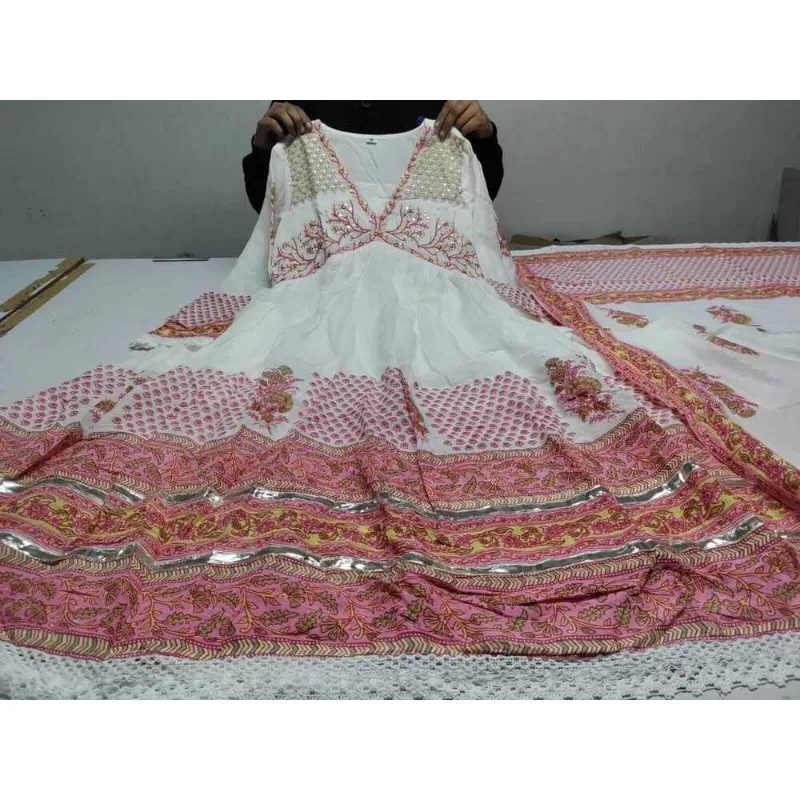 Vestido longo Anarkali das mulheres indianas, Conjunto bordado Salwar, Presente