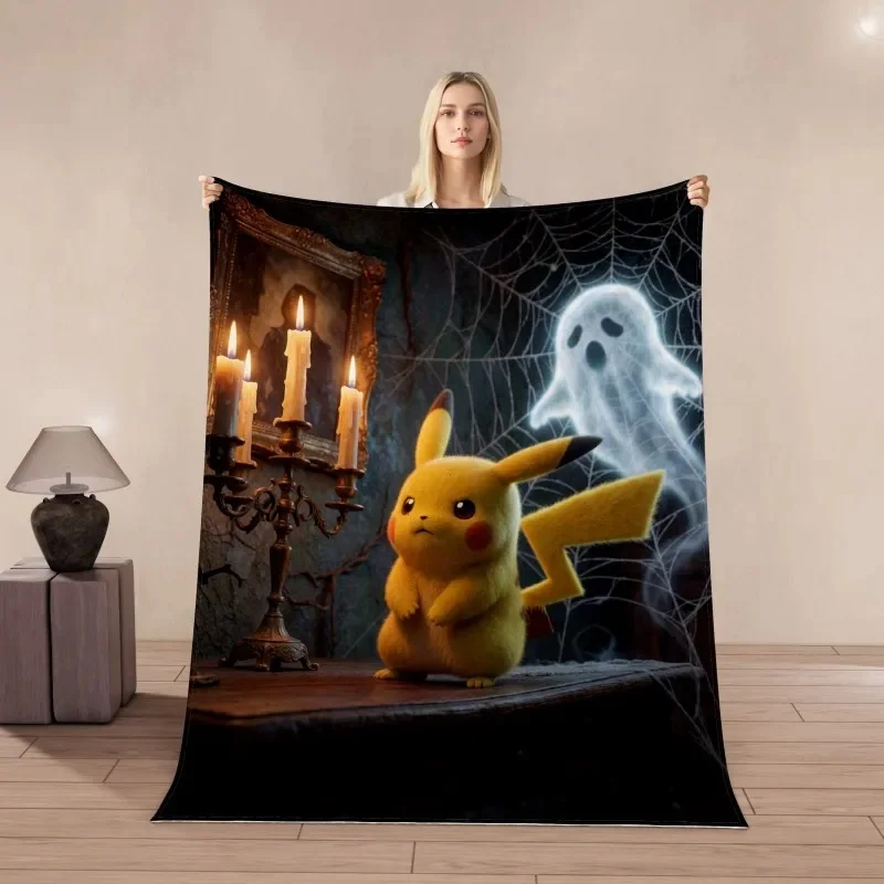 Pikachu Flannel Throw Blanket Santa Hat Xmas Market Winter Cocoa Halloween Ghost Lab Print Soft Warm Sofa Nap Bed Blanket