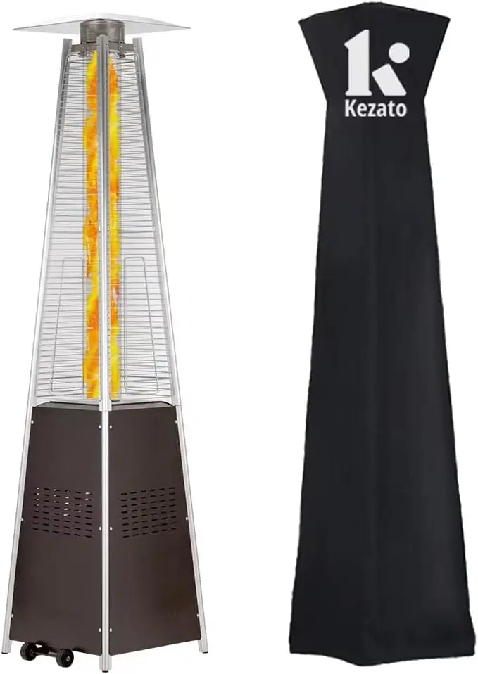 

Patio Heater, KEZATO Outdoor Pyramid Patio Heater with Cover and Wheels 42,000 BTU Glass Tube Propane Heater