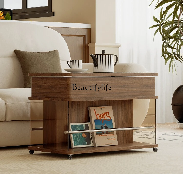 

*Medieval style cart coffee table living room 2025 new small apartment movable lifting saddle leather edge table