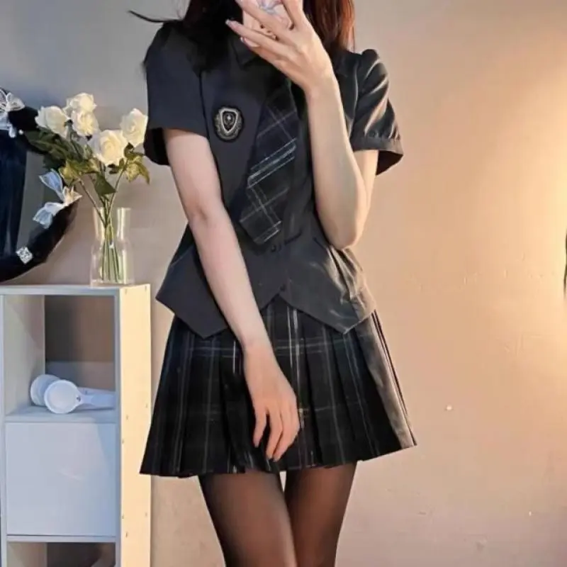 JK Uniform Pure Desire JK Suit Female Summer Preppy Style Irregular   Plaid Pleated Skirt Hot Girl Two-Piece Set