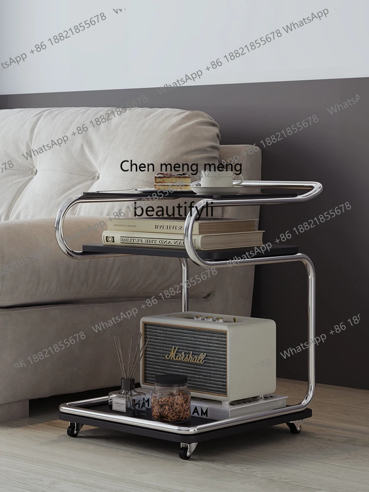 Hot sales Stainless steel edge table removable square glass coffee table trolley, wheeled living room bedside sofa corner table