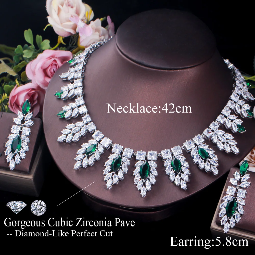 ThreeGraces Green White Cubic Zirconia Stone Luxurious Big Necklace and Earrings Bridal Wedding Prom Jewelry Set for Women TZ849