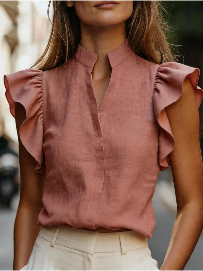 Sleeveless Ruffle Sleeve Top S - Shirt Camp Collar recension och pris