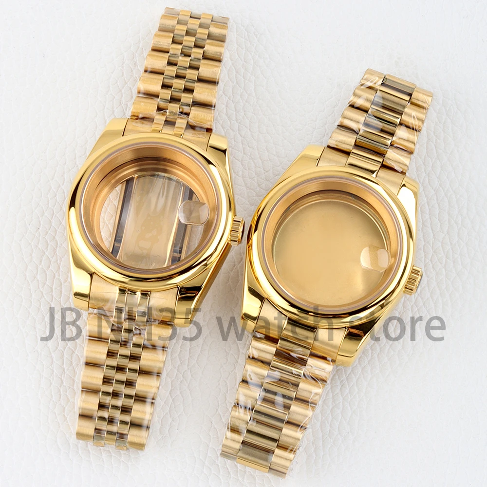Gold PVD 36/39mm NH35 Watch Case Sapphire Glass Round Edge Bezel for Datejust NH35 NH36 Movement Jubilee/Presidential Bracelet