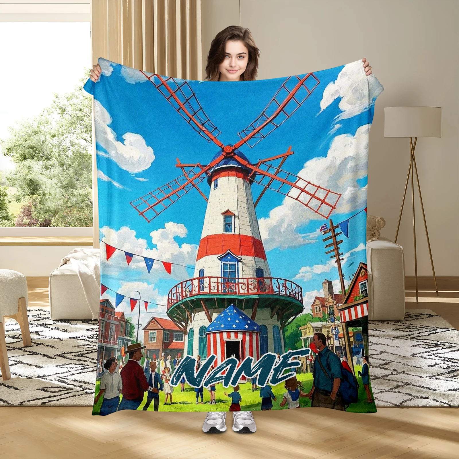 Special Flannel Blanket With American Flag And Cartoon Windmill Design Personalize With Names For Loved Ones