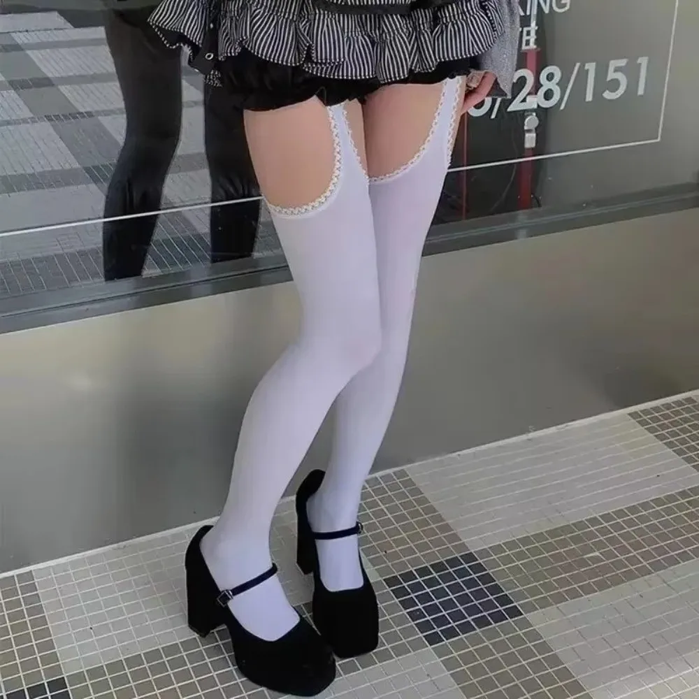 Charming Hollowed-out Women Pantyhose Wide-banded Spicy Girls Style Thigh High Stockings Lolita JK Thin Tights Gril