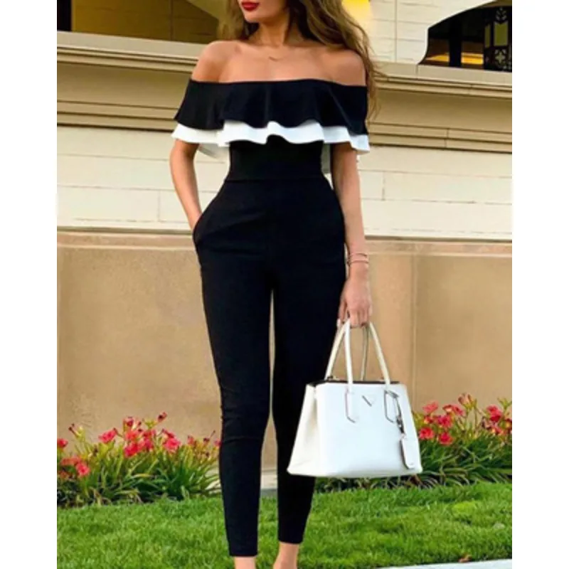 Women's Spring/summer Commuter Sexy Top Pants with Chest Peplum Black and White Matching Color Sexy Fashion Jumpsuit Pants