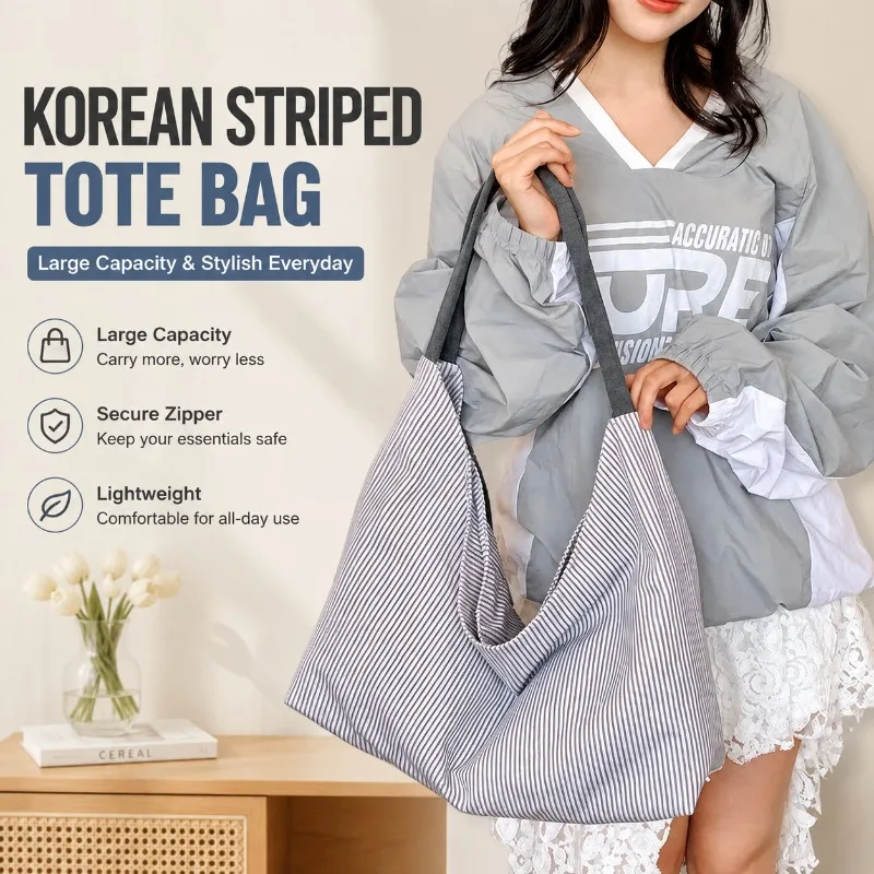 Korean Striped Canvas Underarm Tote Bag Spacious Commute Shoulder Purse Fresh Spring Summer New Arrival Versatile Daily Carry