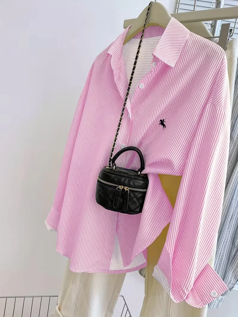 Women's Long-Sleeve Blouse, Women's Striped Knight Print Front Button-Up Casual Long Sleeve Shirt