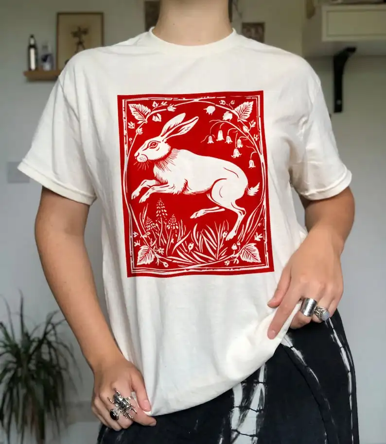 Linocut Graphic T-shirt, 100% Cotton, Gender-Neutral, Spring Hare Tee