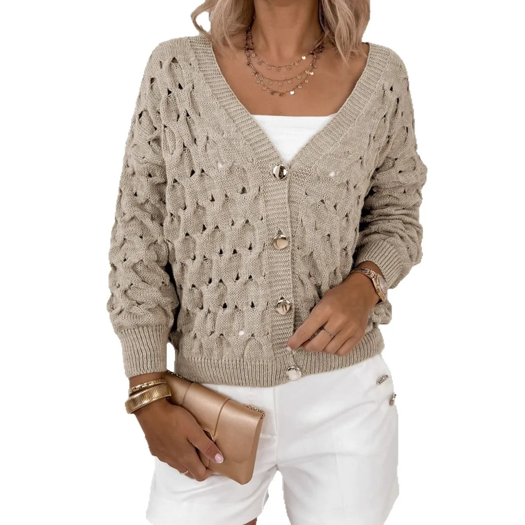 カーキ秋の女性のニットウェア軽量中空アウト V ネック女性のニットカーディガンシングルブレスト快適なセーター女性のための