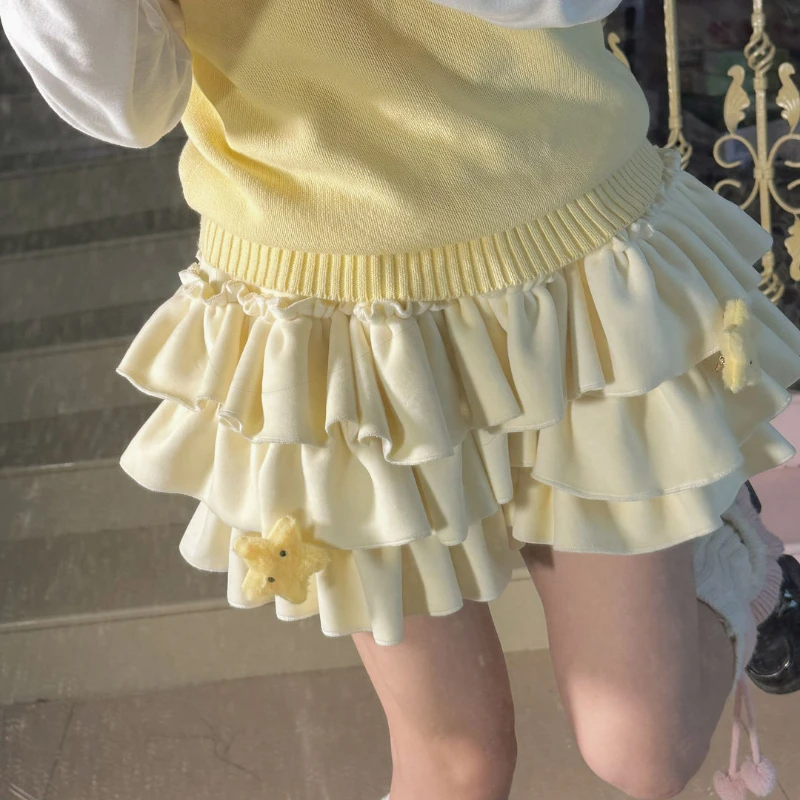 

Japanese Kawaii Lolita Style Cake Shorts Skirts Women Ruffle Soft Plush Warm Pumpkin Pants Autumn Winter Cute Safety Short Pants