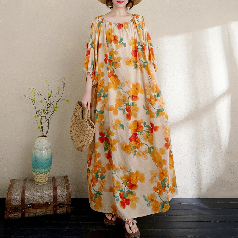 

Large Size Floral Print Loose Long Dress Slimming Cover up Holiday Style Robe Oversized Cotton Citywalk A-Line Skirt