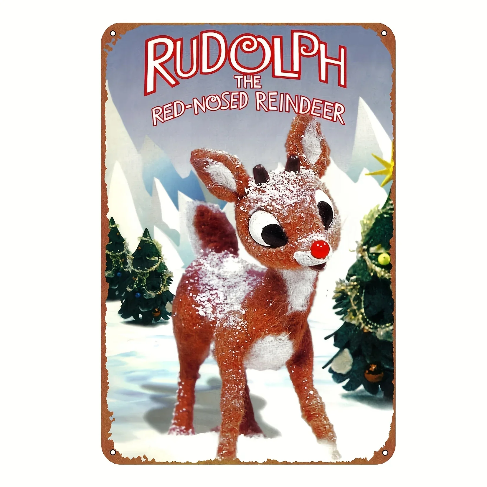 （2D Tin painting）Vintage Rudolph the Red-Nosed Reindeer Metal Sign Festive Wall Decor Pre-Drilled Holes for Easy Hang Home Ga