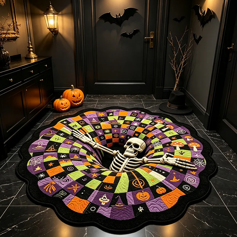 Halloween Skull Swirl Optical Illusion Round Rug Visual Trap Funny Checkered Floor Mat Festive Decor Carpet for Living Room