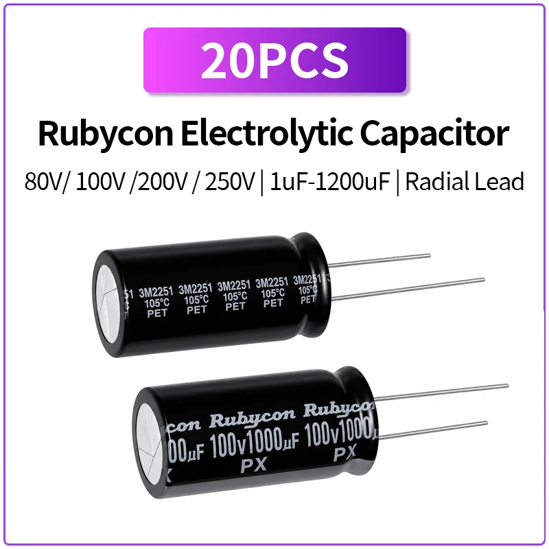 20PCS Rubycon Aluminum Electrolytic Capacitor 80V 100V 200V 250V 1uF-1200uF Radial Lead Through Hole High Voltage PCB Component