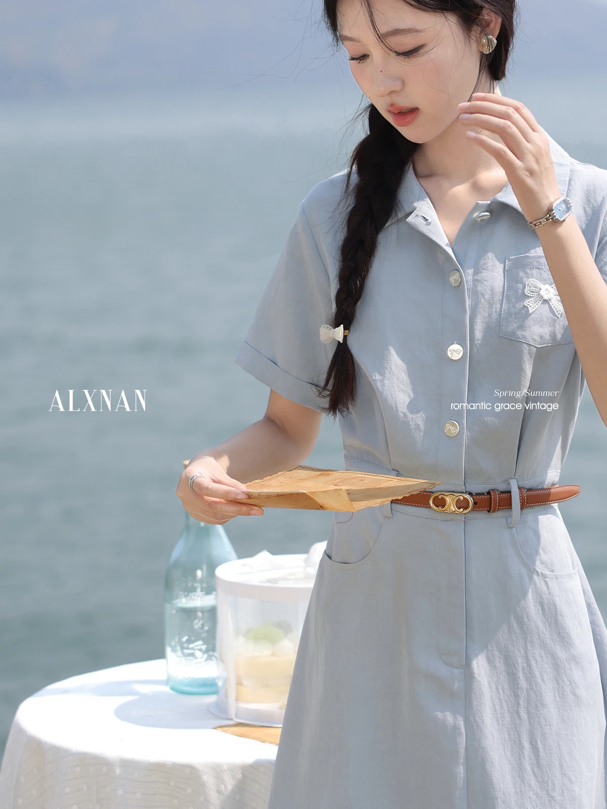 Alxnan plus size vestido azul longo elegante lyocell camisa vestido feminino 2025 renda xale férias roupas casuais das senhoras d10851