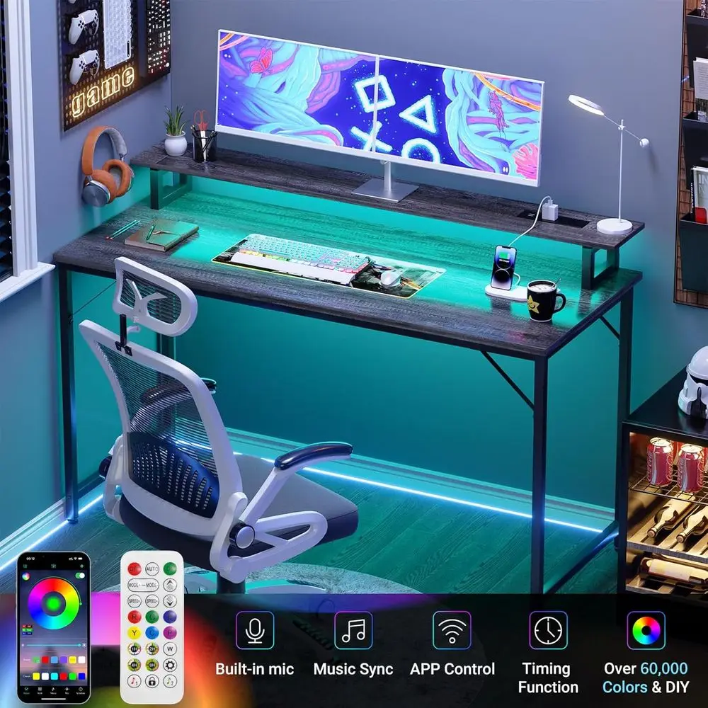 مكتب ألعاب حديث بإضاءة LED مع منافذ طاقة، 47 مكتب منزلي من خشب البلوط الأسود للمساحات الصغيرة مع رف شاشة