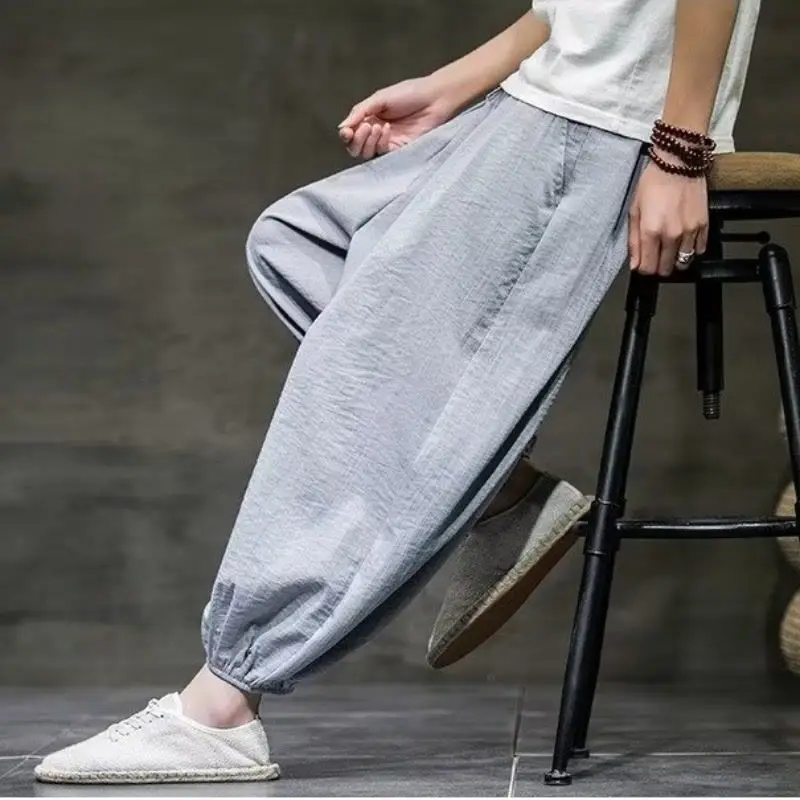 Linen Bloomers Trousers 2024 New Summer Men's Solid Color Elastic Mid Waist Drawstring High Street Loose Comfortable Pants