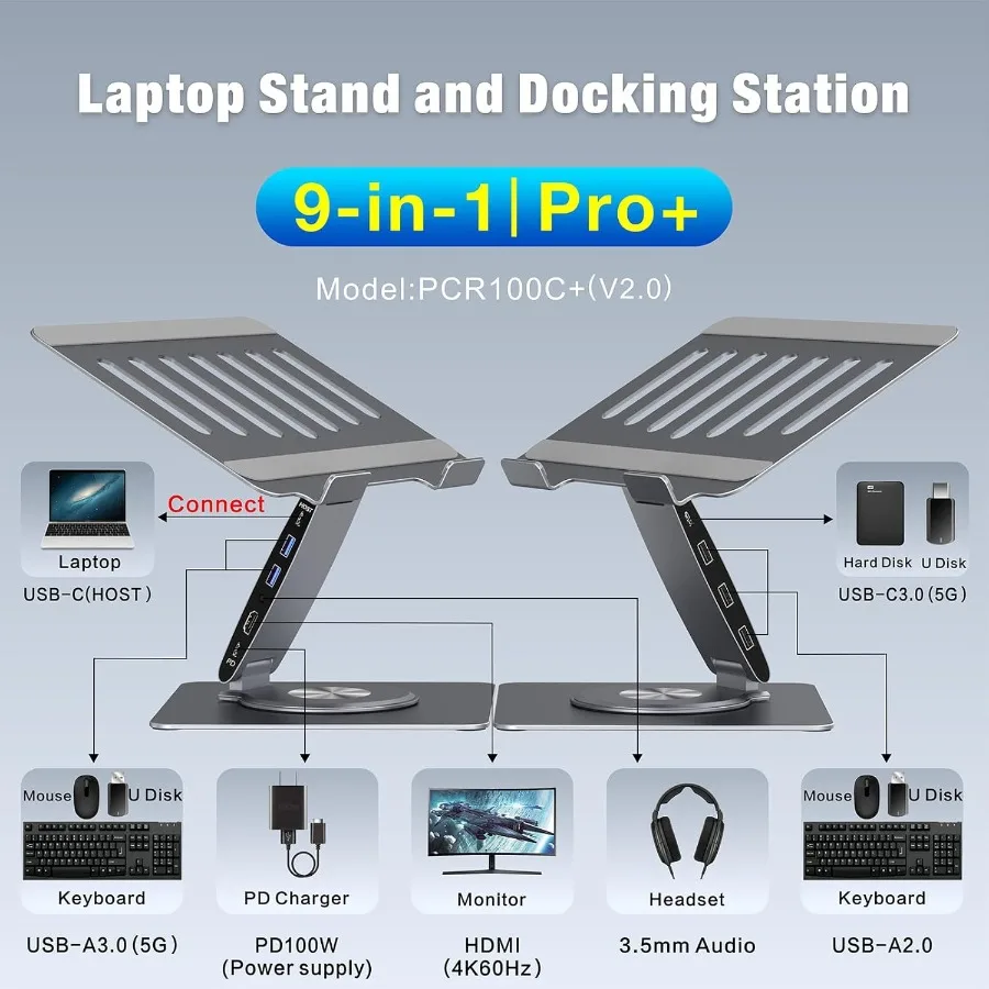 Supporto per laptop regolabile per scrivania con docking station Riser per laptop in alluminio 9in1 con doppio display girevole a 360° Supporto fino a t
