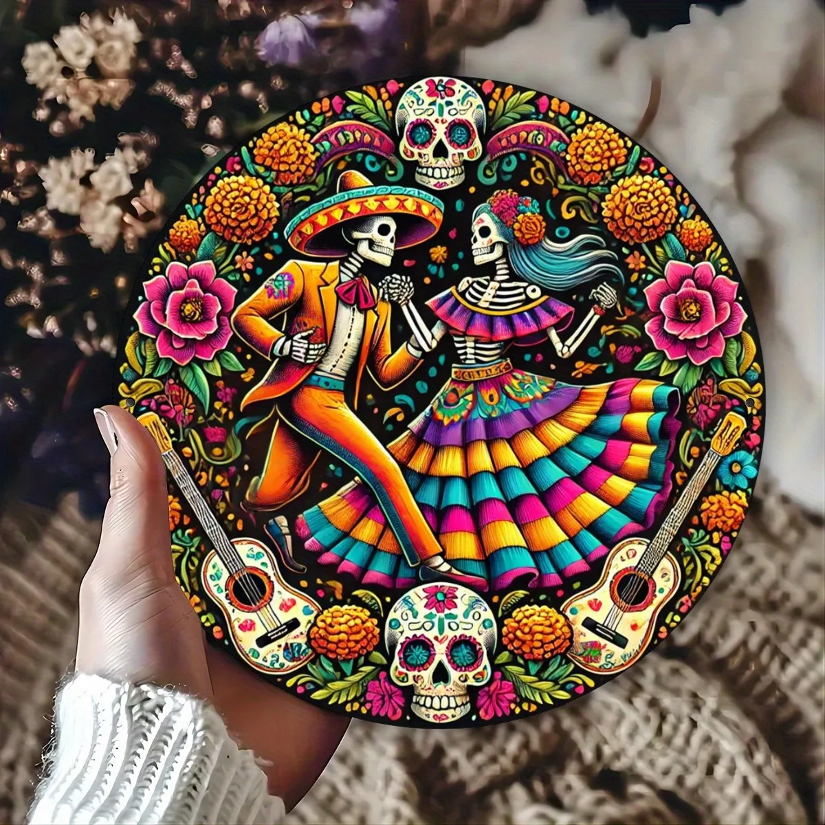 Round Day of the Dead Lovers Sugar Tin Metal Signs Home Décor 8x8