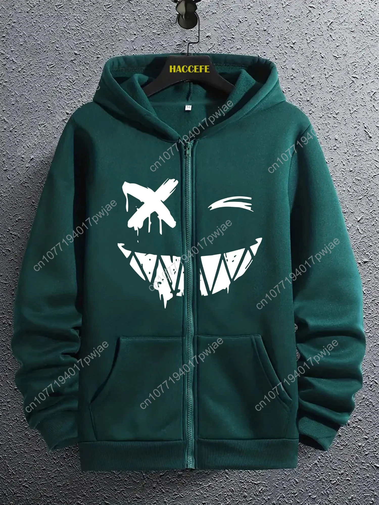 Sudadera con capucha de moda para hombre con estampado de sonrisa geométrica, sudadera informal con cremallera y bolsillo de canguro, Kni de poliéster de manga larga