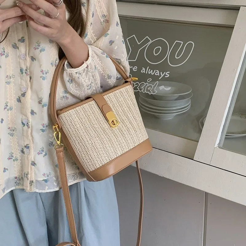 

Shoulder Bags 2024 New Casual Straw Woven Bucket Bags High-End Women Rattan Handbags Female Summer Travel Seaside Beach Bags