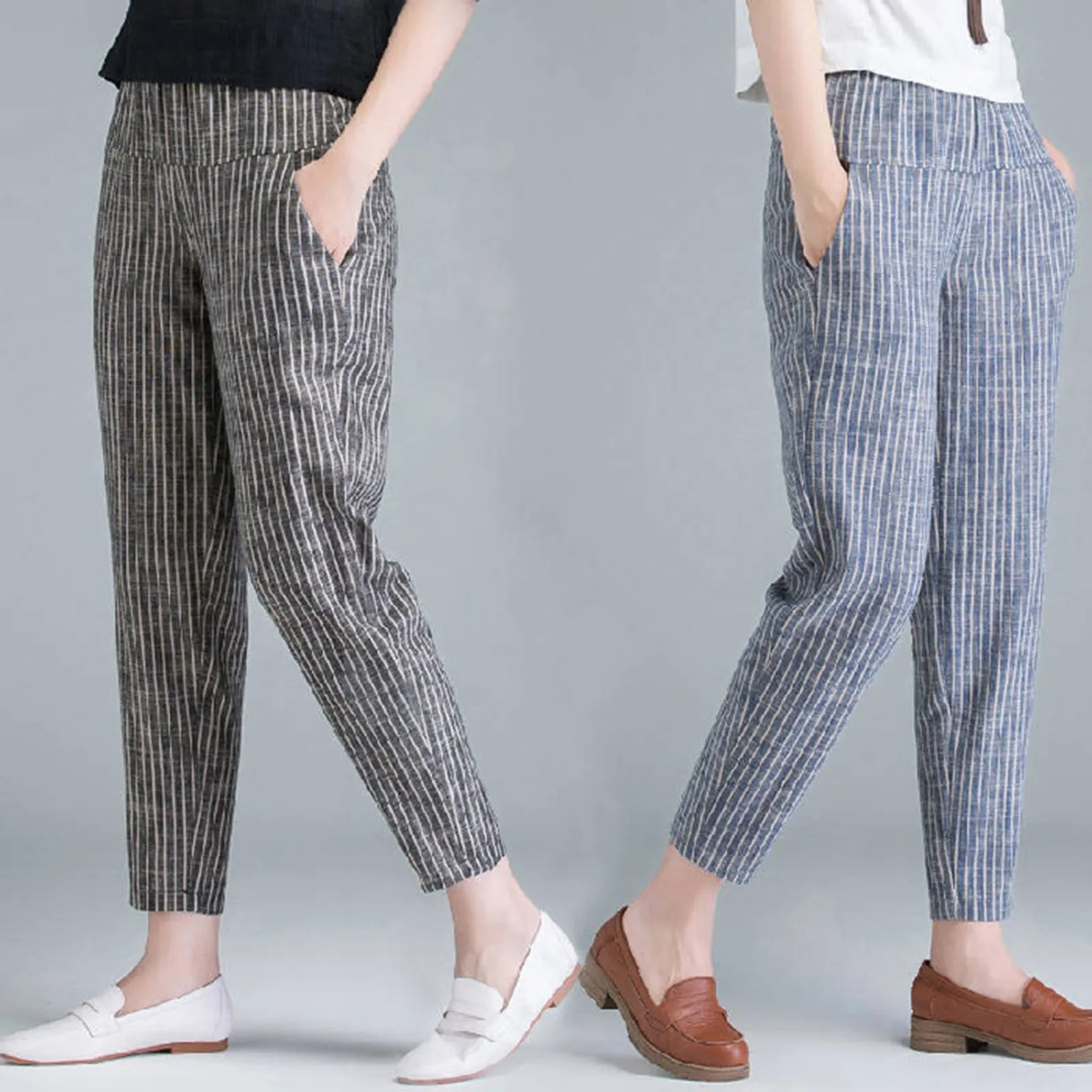 

Women Casual Harem Pants Linen Cotton Loose Stripes Summer Ankle Trousers Womens Sweatpants