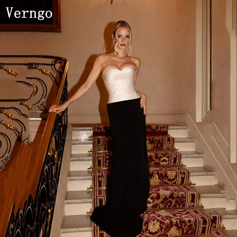 

Verngo Black White Satin Evening Dress Strapless A Line Slim Formal Occasion Dress Elegant Romantic Prom Gowns Customized