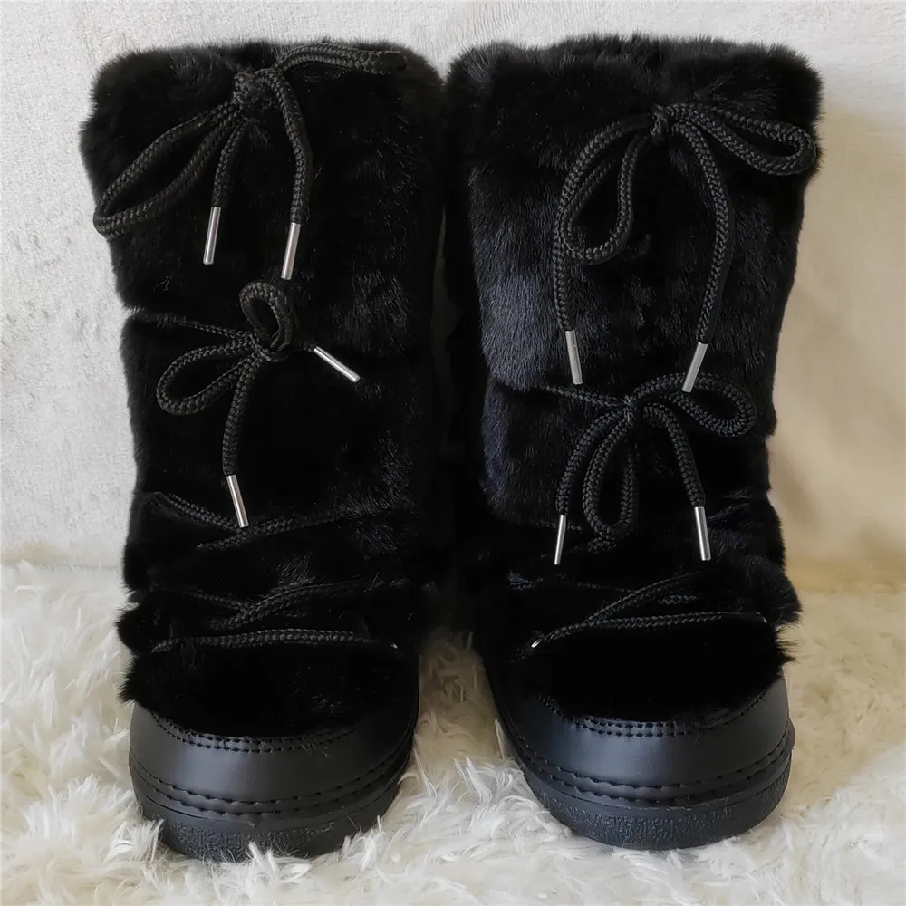 2024 Winter Rabbit Fur Long Boots for Women Brand Design Luxury Warm Fluffy Fur Ski Boots Female Platform Lace-up Leather Boots