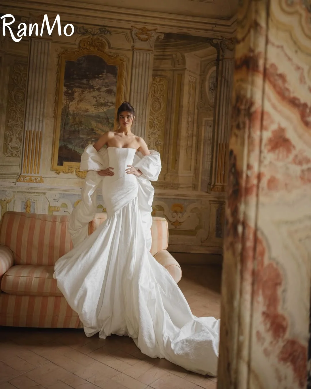 Ranmo 2025 فستان الزفاف بدون حمالات مكشكش طيات مخصصة أبيض عاجي التفتا حورية البحر فستان زفاف Vestido De Noiva سويب تراين #2