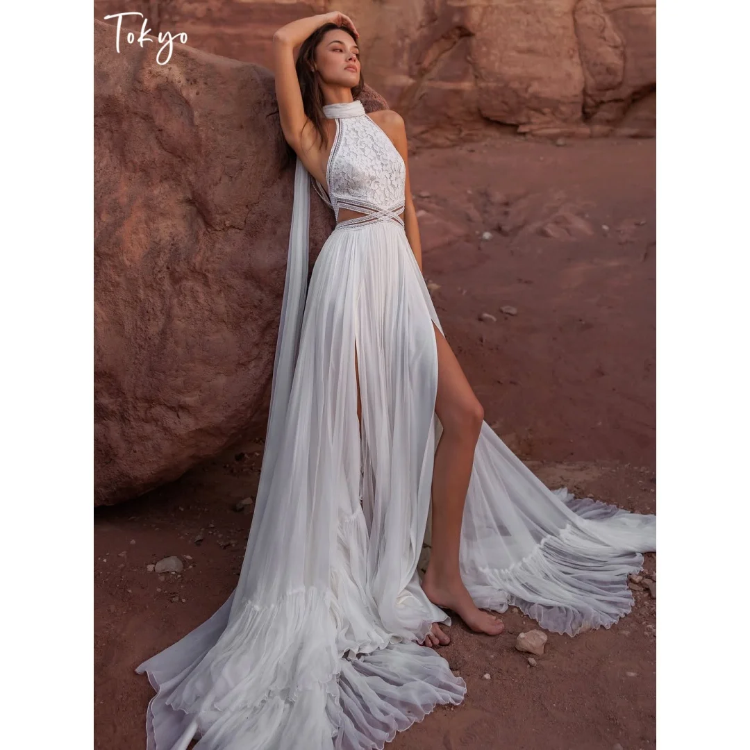 Tokyo Customized High Side Split Tiered Ruffle Wedding Dress Cut‑out Waist vestidos de noche Halter Neck Evening Dresses 2026