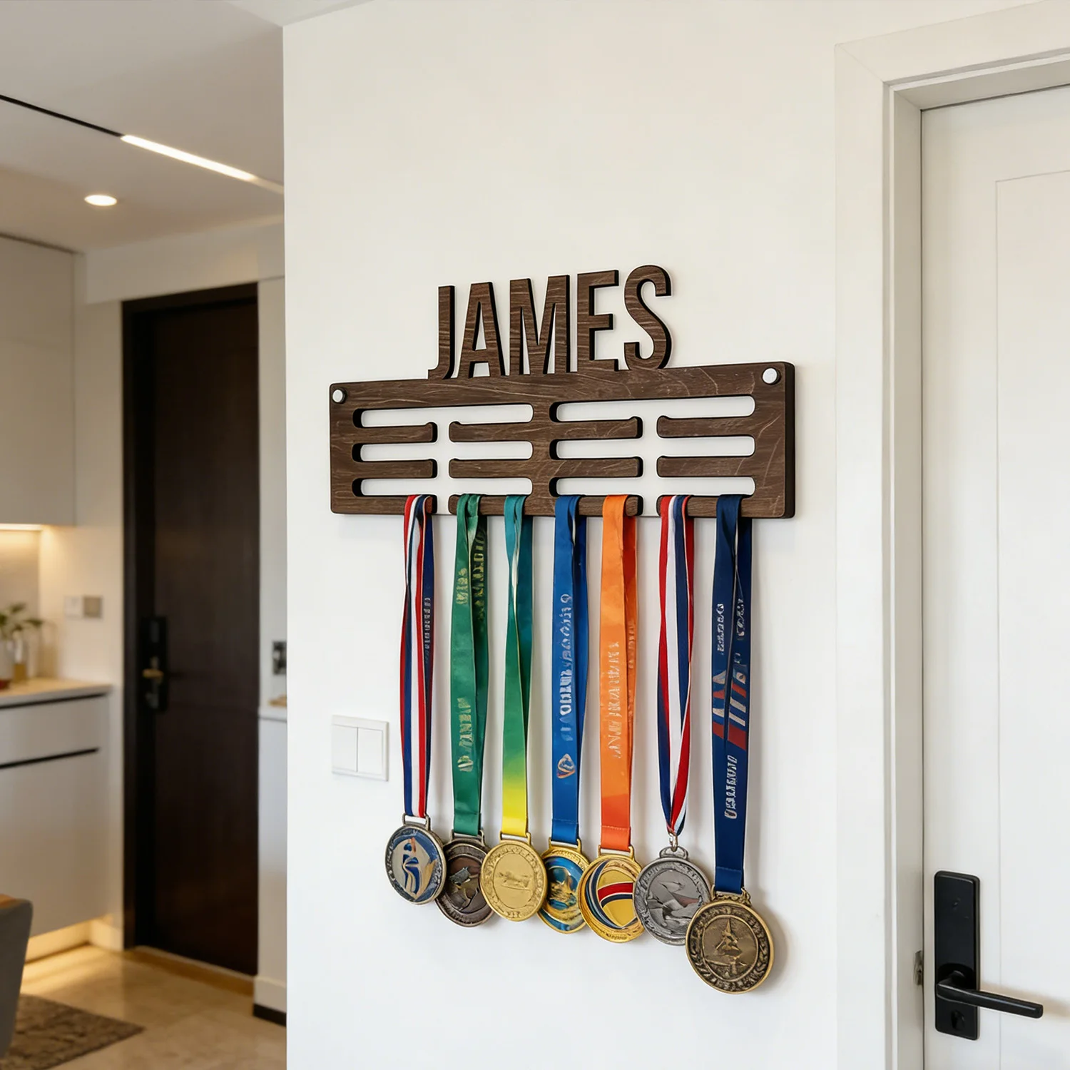 1pc Custom Modern Style Medal Decoration Frame Wooden Sports Medal Holder,Wall Mounted Display Stand for Sports Lovers Gift view 3