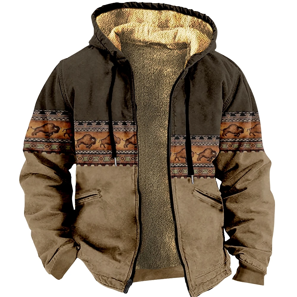 Men\'s Zipper Hoodies Bison Pattern Print Casual Winter Clothing Long Sleeve Sweatshirt Casual Hooded Jacket Outerwear