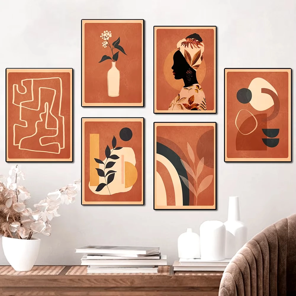 

Boho Rainbow Leaf Terracotta Vase Girl Abstract Wall Art Canvas Painting Nordic Posters And Prints Wall Pictures Living Room