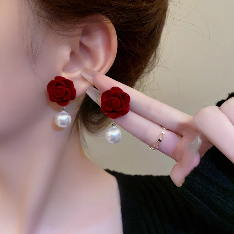 1Pair Wine Red Pearl Rose Flower Earrings Retro Wedding Ear Studs Chinese New Year Jewelry Earring