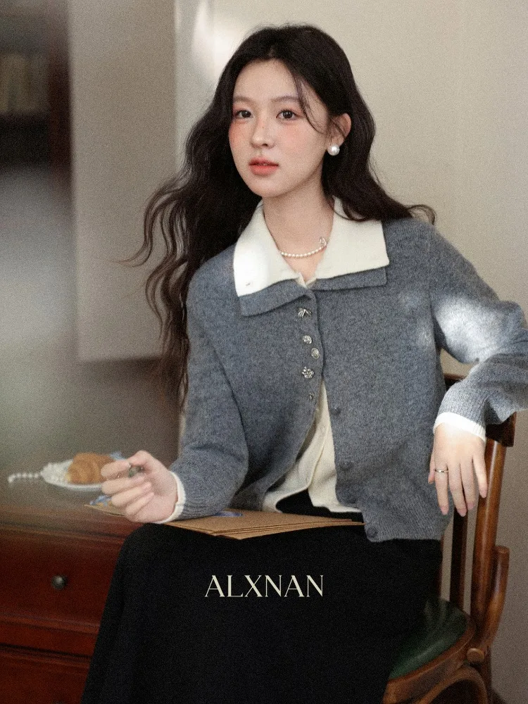 سترة شتوية نسائية من ALXNAN سترة شتوية رمادية اللون مكونة من قطعتين سترة دافئة غير رسمية فضفاضة بأزرار أنيقة وأكمام طويلة سترة نسائية متماسكة L59709 #5